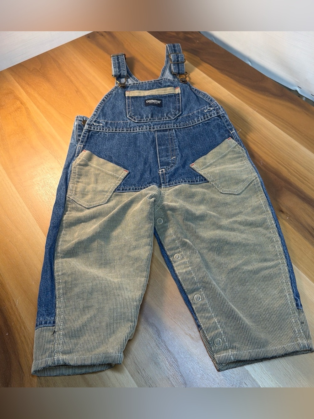 VTG  90s Oshkosh B’ Gosh Two Tone Blue Denim Beige Corduroy Overalls Sz 18 Month